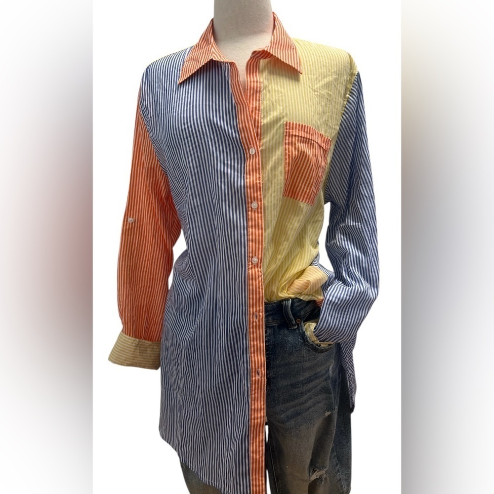 Colorblock Striped Button Down Shirt - Picture 2 of 9